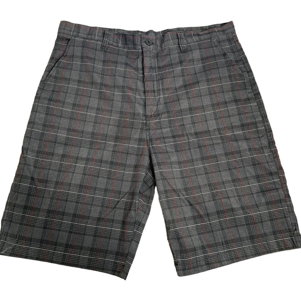 BG Blue Gear Flat Front Skate Shorts 36 Black Plaid Pockets Button Zipper